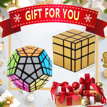 Load image into Gallery viewer, JoyTown Bundle Pack Speed Cube Set of 2 Megaminx Speedcubing, Gold Mirror Cube Twisty Puzzle, with Bonus Stands and Screwdriver Black