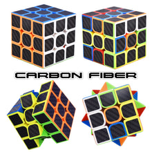 Load image into Gallery viewer, JoyTown 3x3x3 Speed Cube Set of 3 Bundle Pack: 3x3 Carbon Fiber Magic Puzzle Cube, 3by3 Stickerless High Speed Cube and 3x3 Classic Vivid Color Stickers Speedcubing with Bonus Stands and Screwdriver