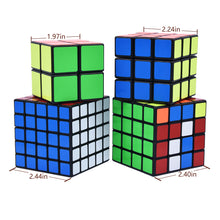 Load image into Gallery viewer, JoyTown Speed Cube Set of 4 Bundle Pack, 2x2 3x3 4x4 5x5 Puzzle Cube, Speedcubing with Bonus Four Stands and Screwdirver Black