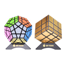 Load image into Gallery viewer, JoyTown Bundle Pack Speed Cube Set of 2 Megaminx Speedcubing, Gold Mirror Cube Twisty Puzzle, with Bonus Stands and Screwdriver Black