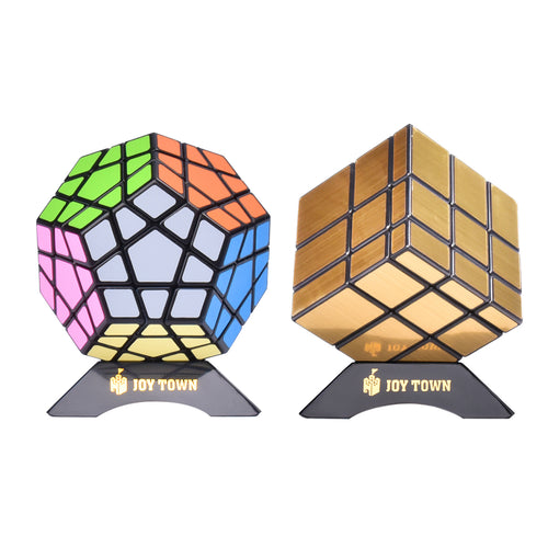 JoyTown Bundle Pack Speed Cube Set of 2 Megaminx Speedcubing, Gold Mirror Cube Twisty Puzzle, with Bonus Stands and Screwdriver Black