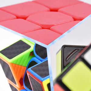 JoyTown 3x3x3 Speed Cube Set of 3 Bundle Pack: 3x3 Carbon Fiber Magic Puzzle Cube, 3by3 Stickerless High Speed Cube and 3x3 Classic Vivid Color Stickers Speedcubing with Bonus Stands and Screwdriver