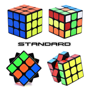 JoyTown 3x3x3 Speed Cube Set of 3 Bundle Pack: 3x3 Carbon Fiber Magic Puzzle Cube, 3by3 Stickerless High Speed Cube and 3x3 Classic Vivid Color Stickers Speedcubing with Bonus Stands and Screwdriver