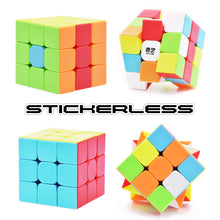 Load image into Gallery viewer, JoyTown 3x3x3 Speed Cube Set of 3 Bundle Pack: 3x3 Carbon Fiber Magic Puzzle Cube, 3by3 Stickerless High Speed Cube and 3x3 Classic Vivid Color Stickers Speedcubing with Bonus Stands and Screwdriver
